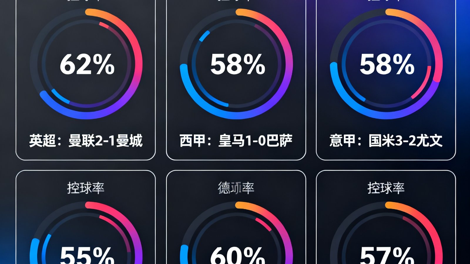 实时赛事数据面板展示，深色界面上同时显示着六场不同联赛的实时比分和控球率环形图